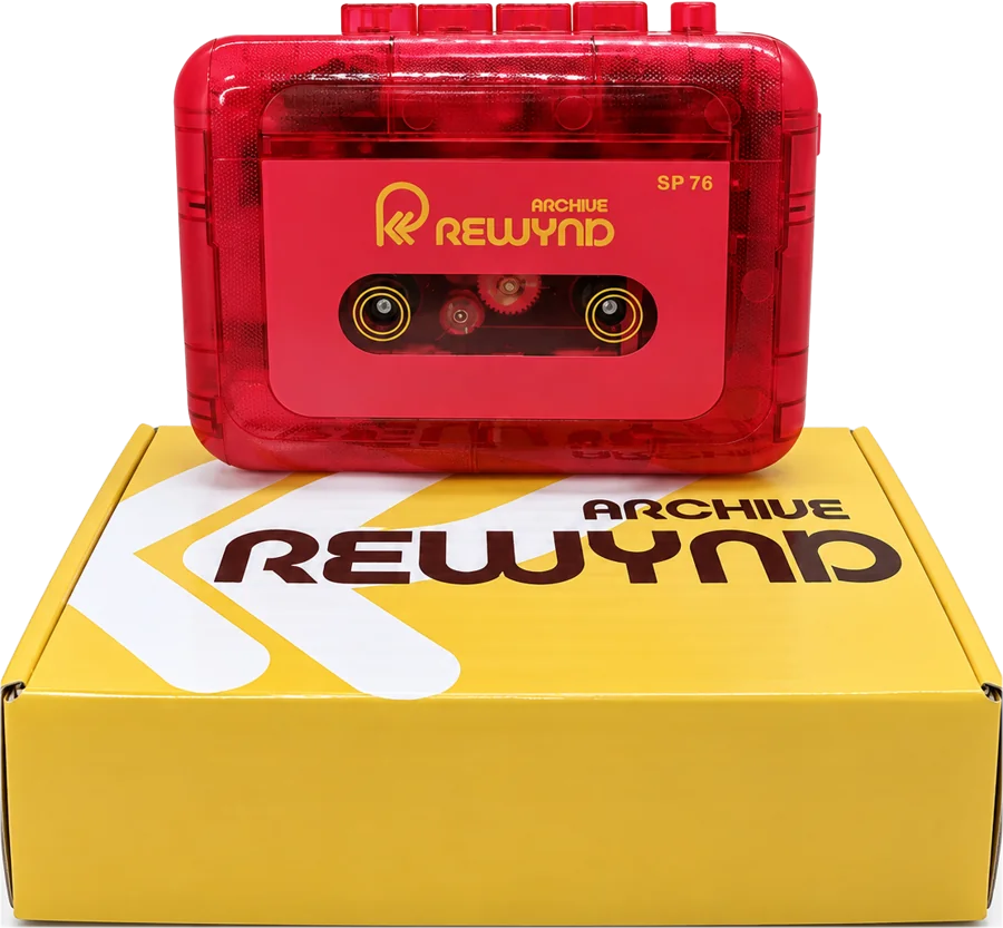 Rewynd Archive player resting on its retail box